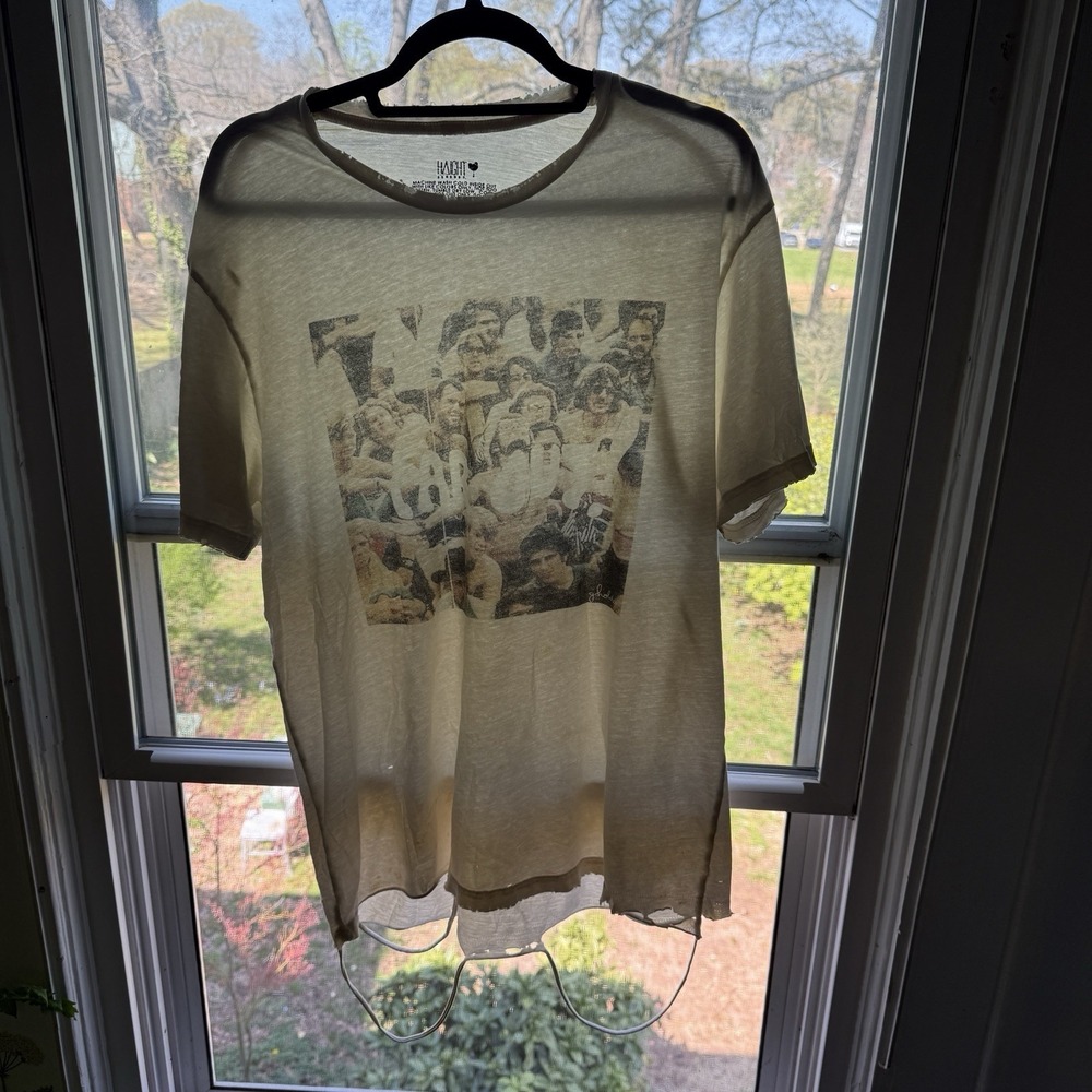 VTG Haight Ashbury Paper Thin Far Out Shirt XL Cream Thrashed Burnout Distressed